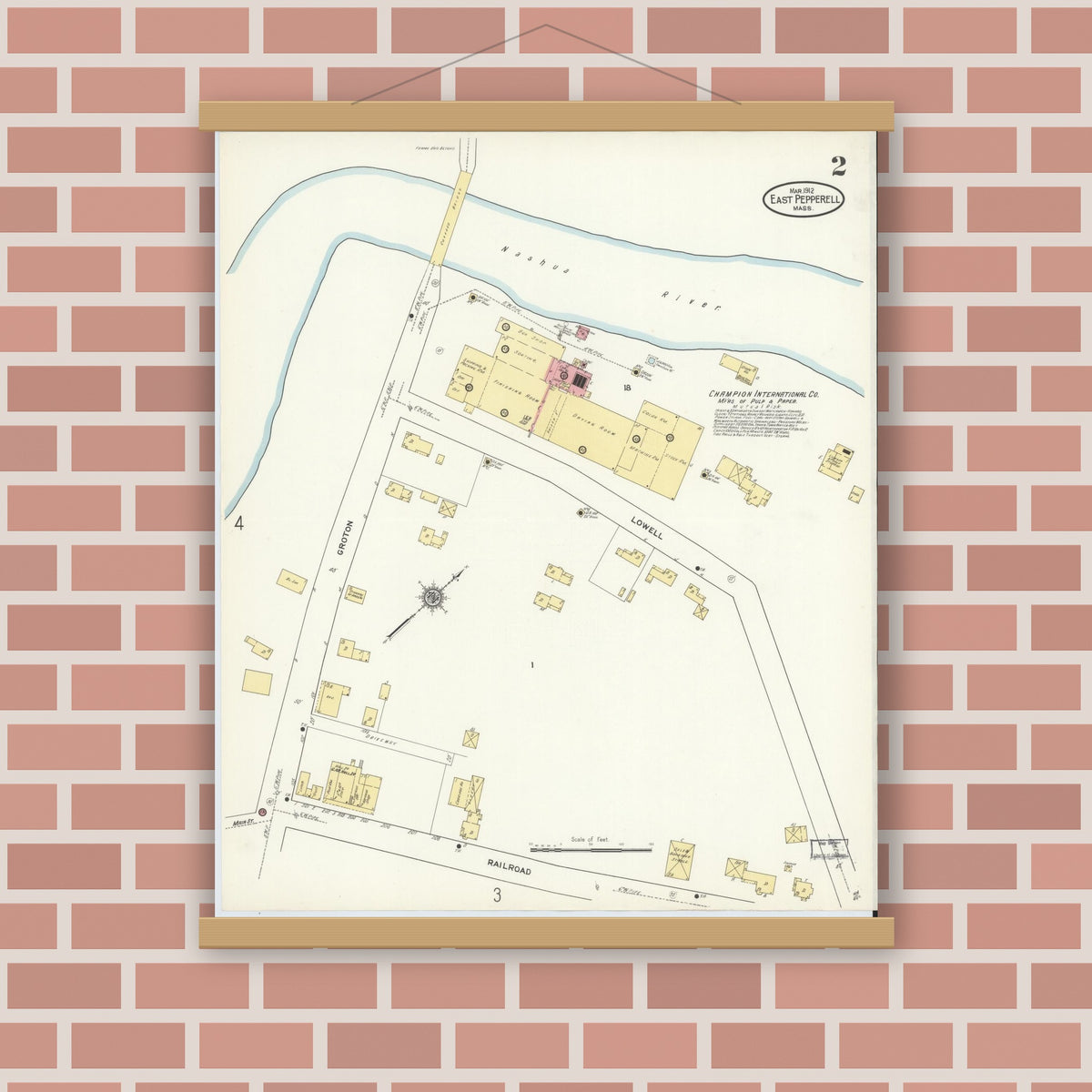 Old map wall art mockup — magnetic wood frame on brick wall — Sanborn Fire Insurance Map from East Pepperell, Middlesex County, Massachusetts (1912), Sheet #0002