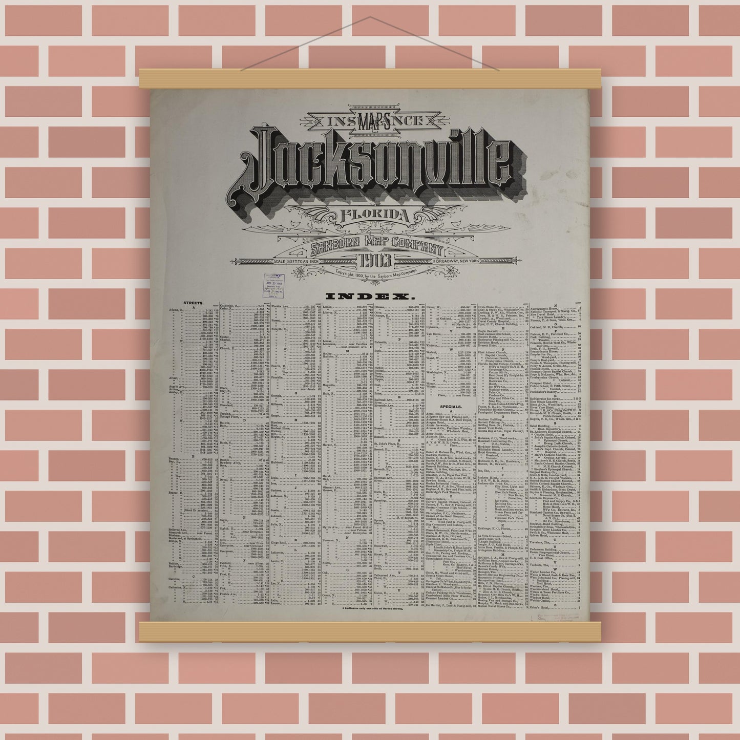 Old map wall art mockup — magnetic wood frame on brick wall — Sanborn Fire Insurance Map from Jacksonville, Duval County, Florida (1903), Sheet #0001
