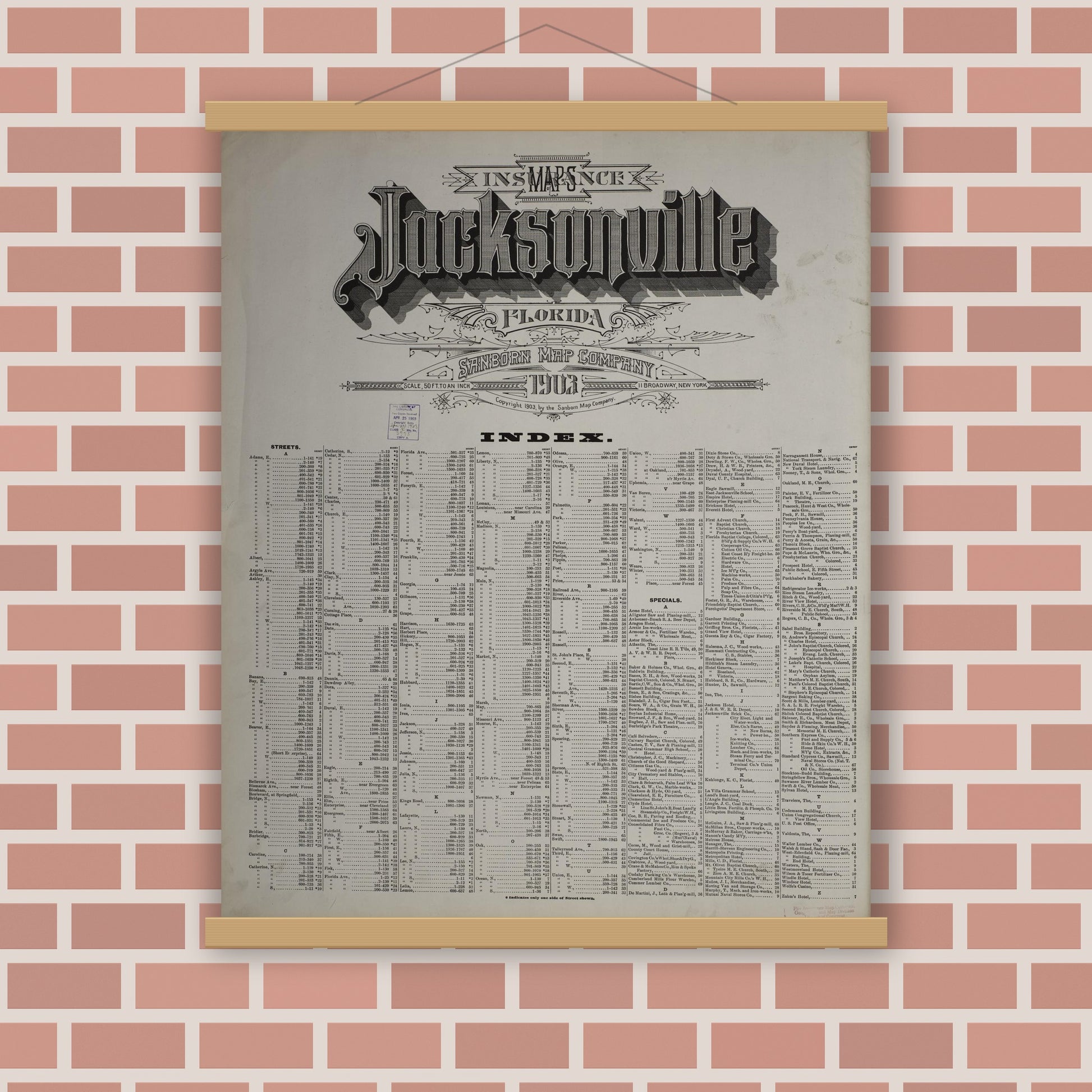 Old map wall art mockup — magnetic wood frame on brick wall — Sanborn Fire Insurance Map from Jacksonville, Duval County, Florida (1903), Sheet #0001