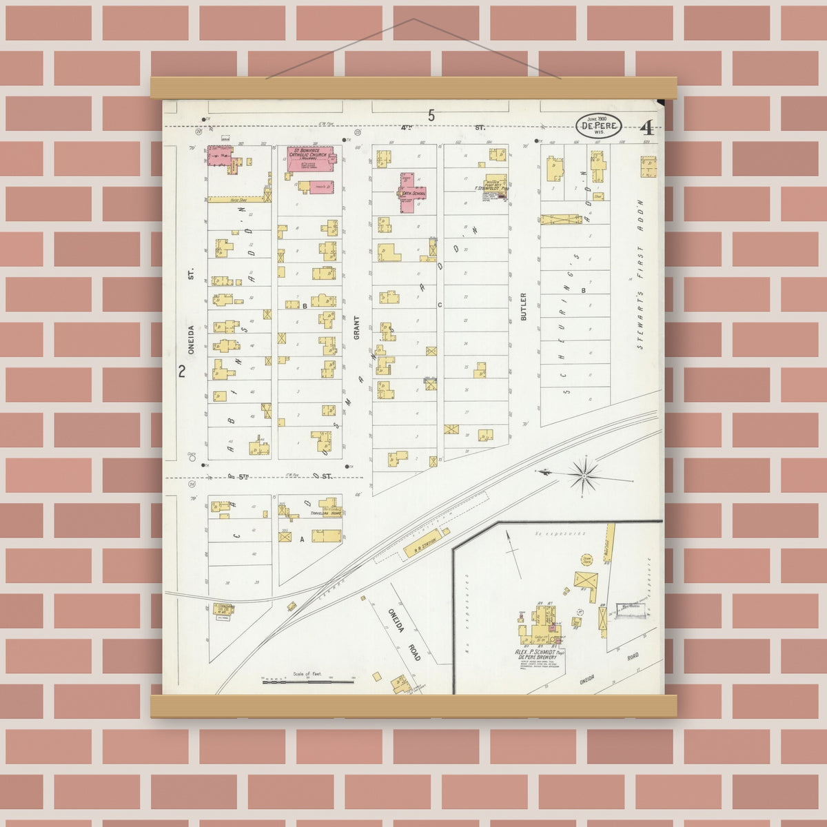 Old map wall art mockup — magnetic wood frame on brick wall — Sanborn Fire Insurance Map from De Pere, Brown County, Wisconsin (1900), Sheet #0004