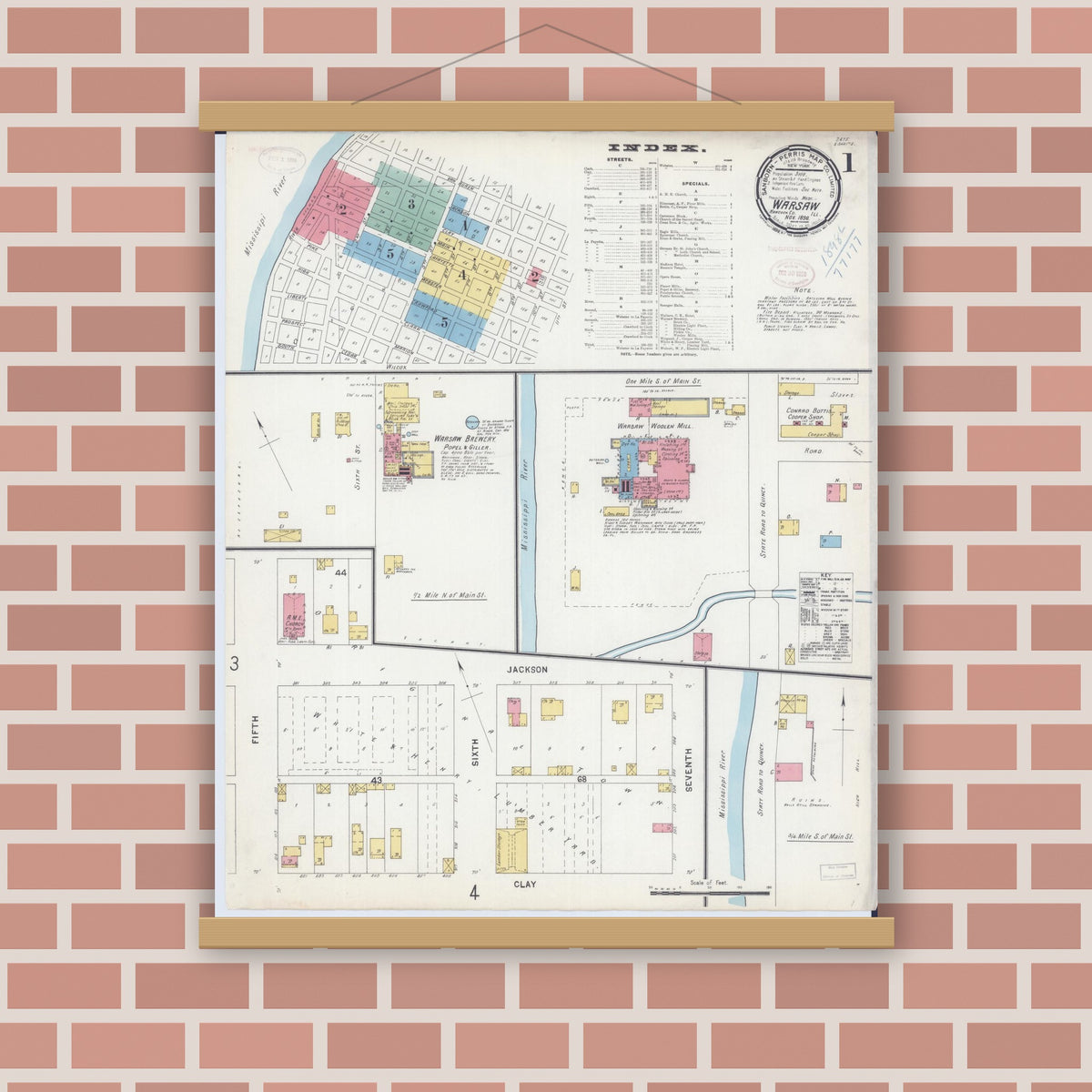 Old map wall art mockup — magnetic wood frame on brick wall — Sanborn Fire Insurance Map from Warsaw, Hancock County, Illinois (1898) - Complete Map Set