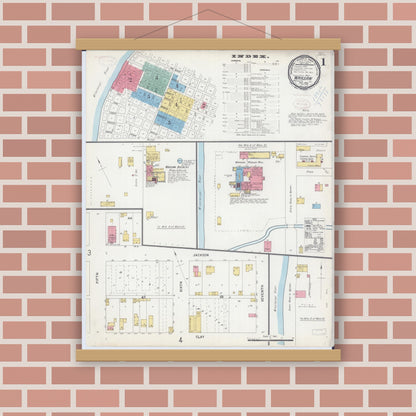 Old map wall art mockup — magnetic wood frame on brick wall — Sanborn Fire Insurance Map from Warsaw, Hancock County, Illinois (1898) - Complete Map Set