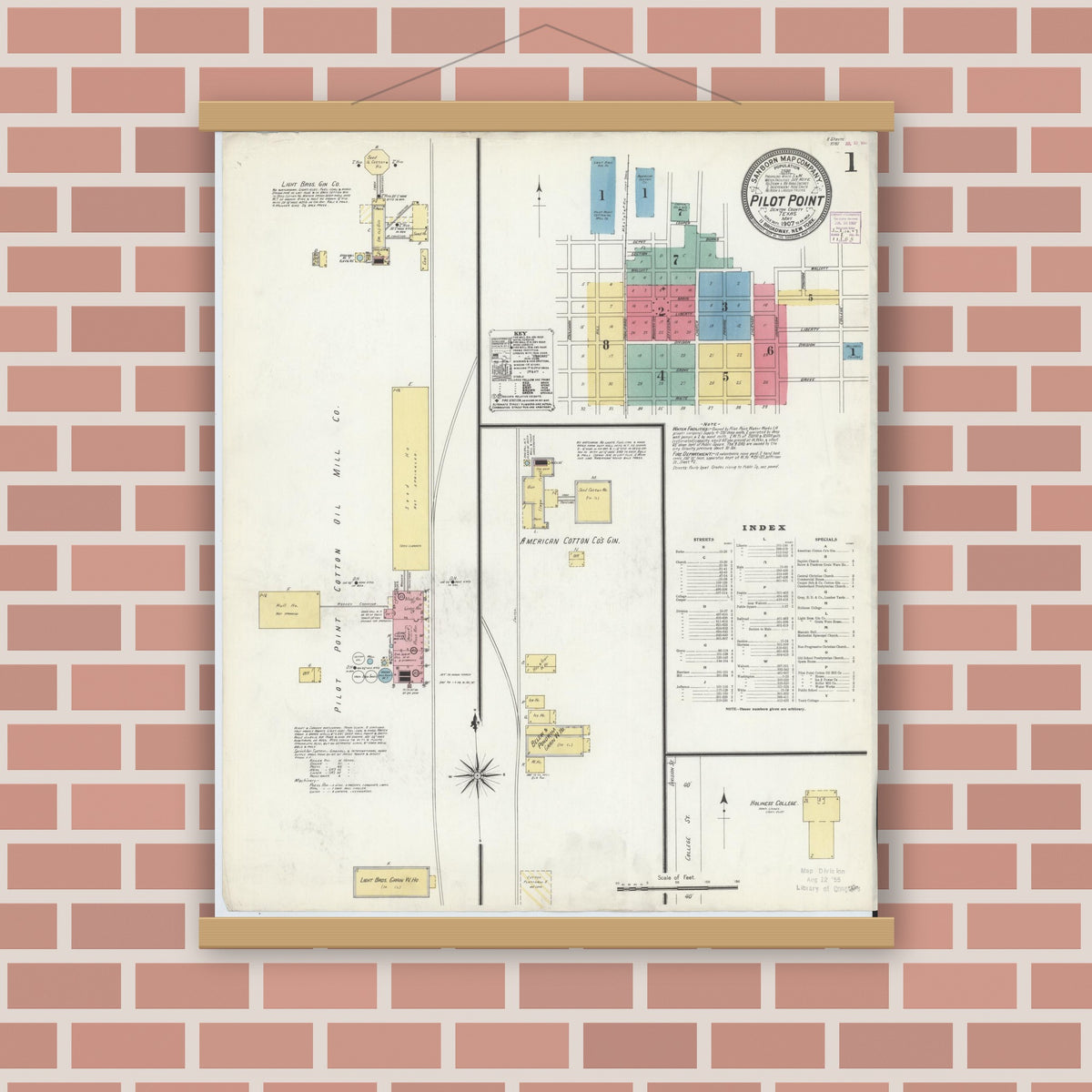 Old map wall art mockup — magnetic wood frame on brick wall — Sanborn Fire Insurance Map from Pilot Point, Denton County, Texas (1907) - Complete Map Set