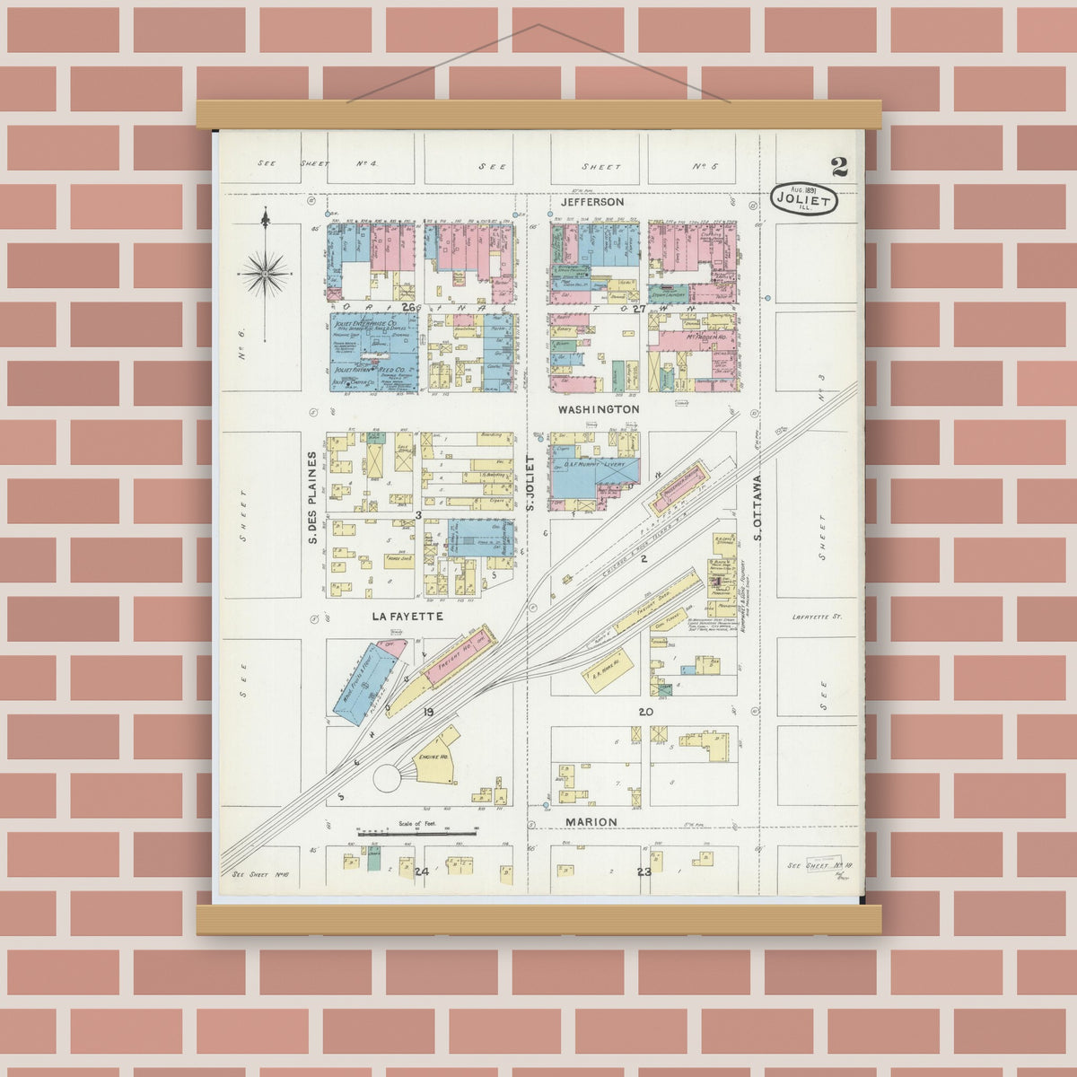 Old map wall art mockup — magnetic wood frame on brick wall — Sanborn Fire Insurance Map from Joliet, Will County, Illinois (1891), Sheet #0002