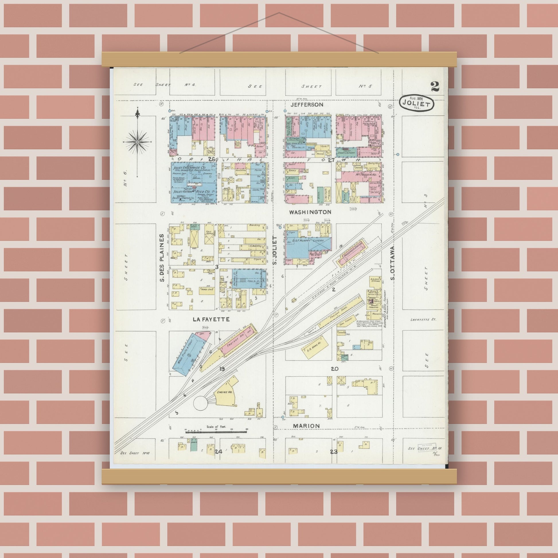 Old map wall art mockup — magnetic wood frame on brick wall — Sanborn Fire Insurance Map from Joliet, Will County, Illinois (1891), Sheet #0002