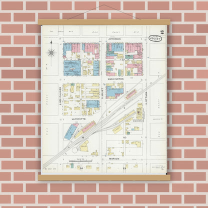 Old map wall art mockup — magnetic wood frame on brick wall — Sanborn Fire Insurance Map from Joliet, Will County, Illinois (1891), Sheet #0002