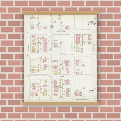 Old map wall art mockup — magnetic wood frame on brick wall — Sanborn Fire Insurance Map from El Paso, El Paso County, Texas (1893), Sheet #0003