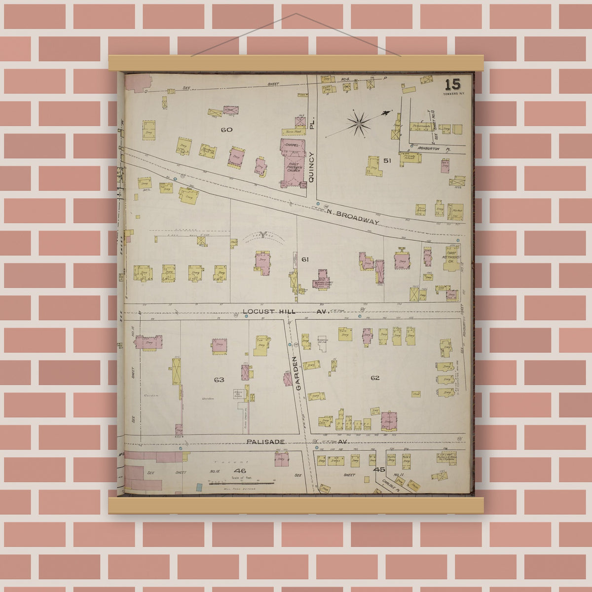 Old map wall art mockup — magnetic wood frame on brick wall — Sanborn Fire Insurance Map from Yonkers, Westchester County, New York (1886), Sheet #0015