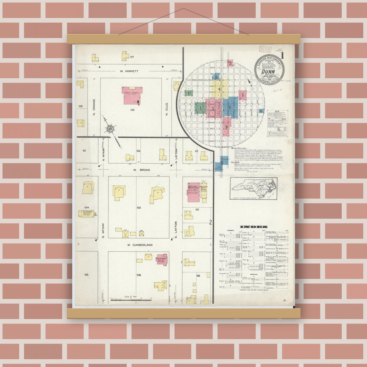Old map wall art mockup — magnetic wood frame on brick wall — Sanborn Fire Insurance Map from Dunn, Harnett County, North Carolina (1913) - Complete Map Set