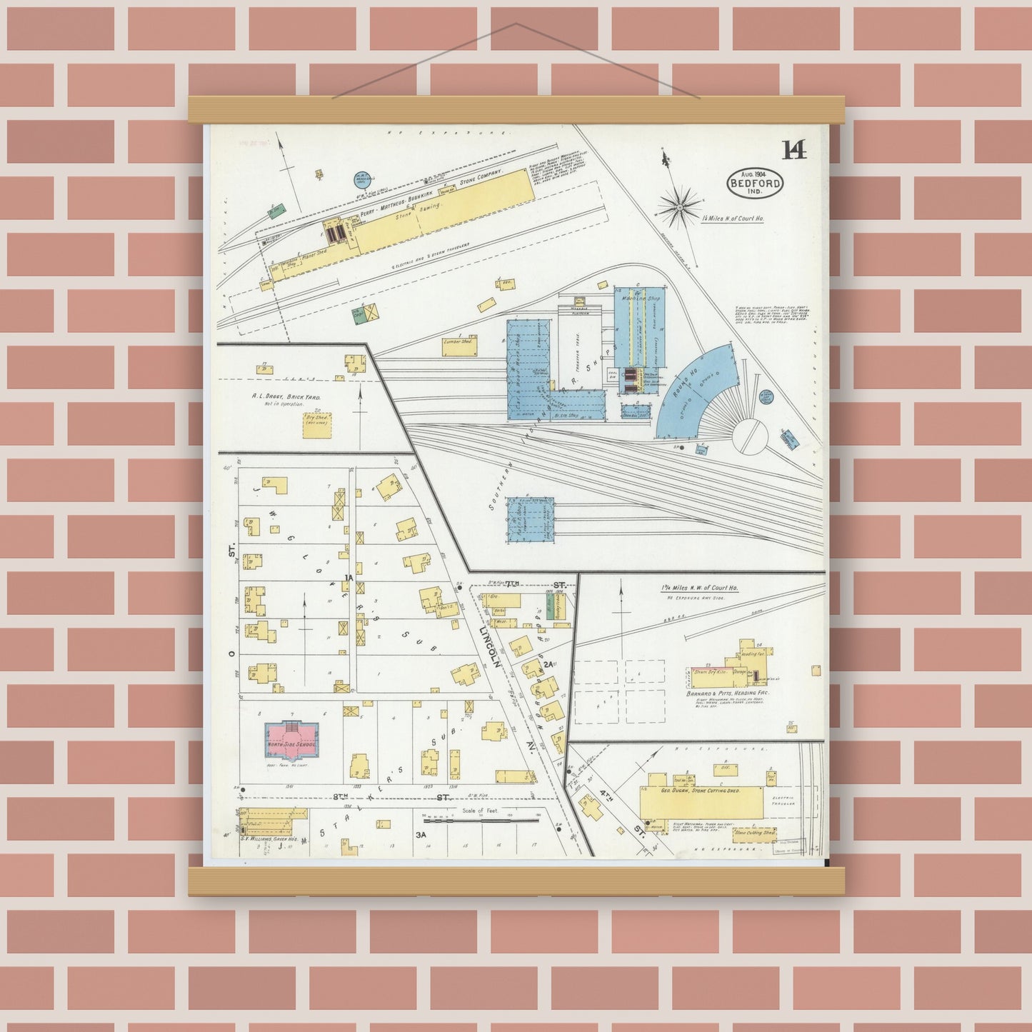 Old map wall art mockup — magnetic wood frame on brick wall — Sanborn Fire Insurance Map from Bedford, Lawrence County, Indiana (1904), Sheet #0014