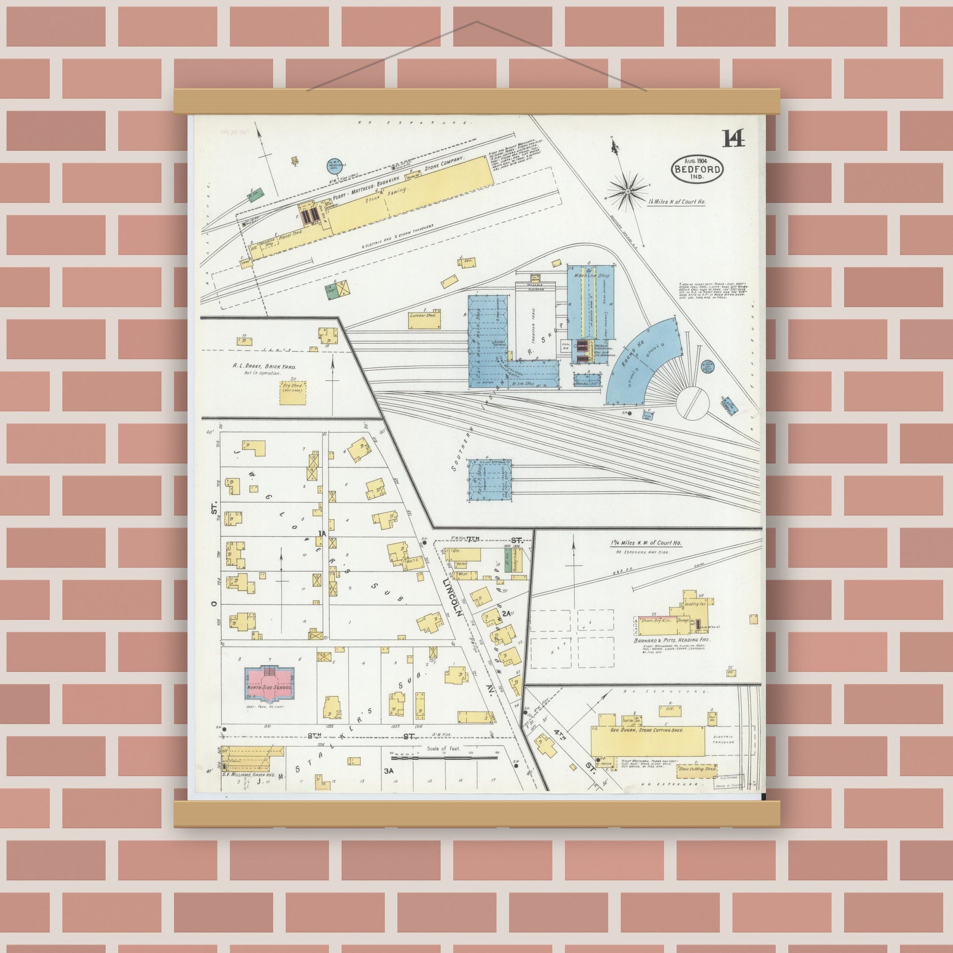 Old map wall art mockup — magnetic wood frame on brick wall — Sanborn Fire Insurance Map from Bedford, Lawrence County, Indiana (1904), Sheet #0014