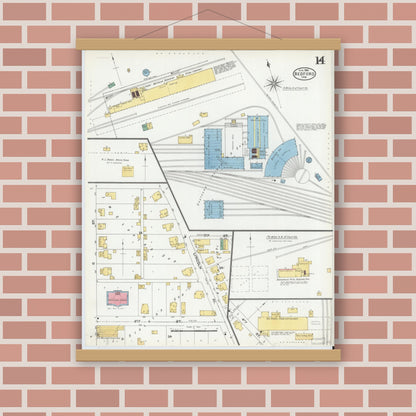 Old map wall art mockup — magnetic wood frame on brick wall — Sanborn Fire Insurance Map from Bedford, Lawrence County, Indiana (1904), Sheet #0014