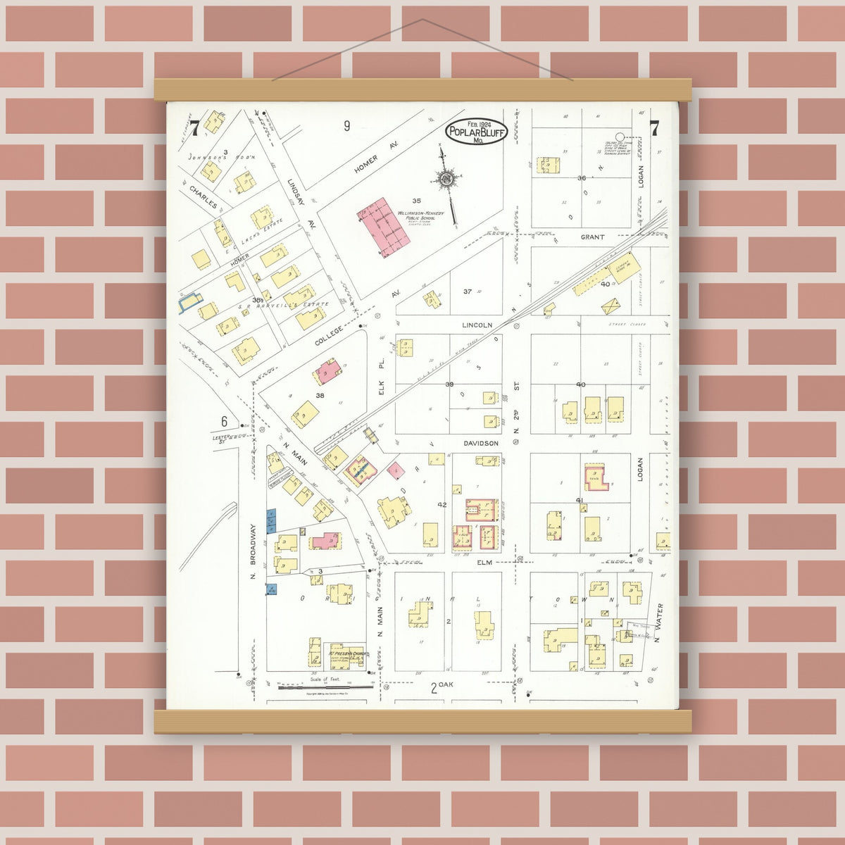 Old map wall art mockup — magnetic wood frame on brick wall — Sanborn Fire Insurance Map from Poplar Bluff, Butler County, Missouri (1924), Sheet #0007