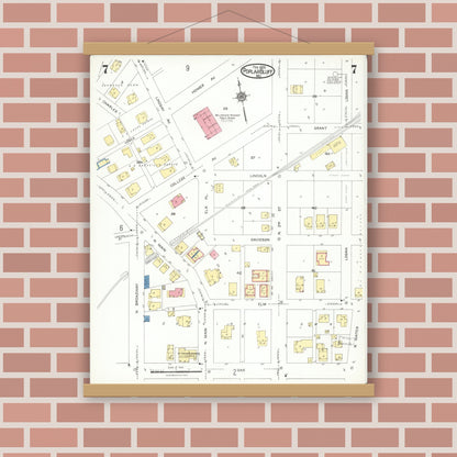 Old map wall art mockup — magnetic wood frame on brick wall — Sanborn Fire Insurance Map from Poplar Bluff, Butler County, Missouri (1924), Sheet #0007