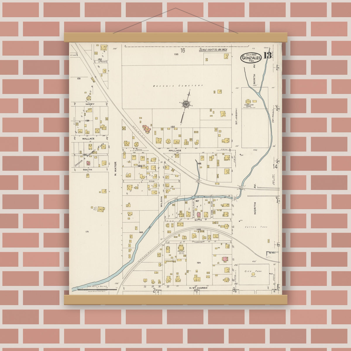 Old map wall art mockup — magnetic wood frame on brick wall — Sanborn Fire Insurance Map from Gonzales, Gonzales County, Texas (1922), Sheet #0013