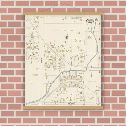 Old map wall art mockup — magnetic wood frame on brick wall — Sanborn Fire Insurance Map from Gonzales, Gonzales County, Texas (1922), Sheet #0013