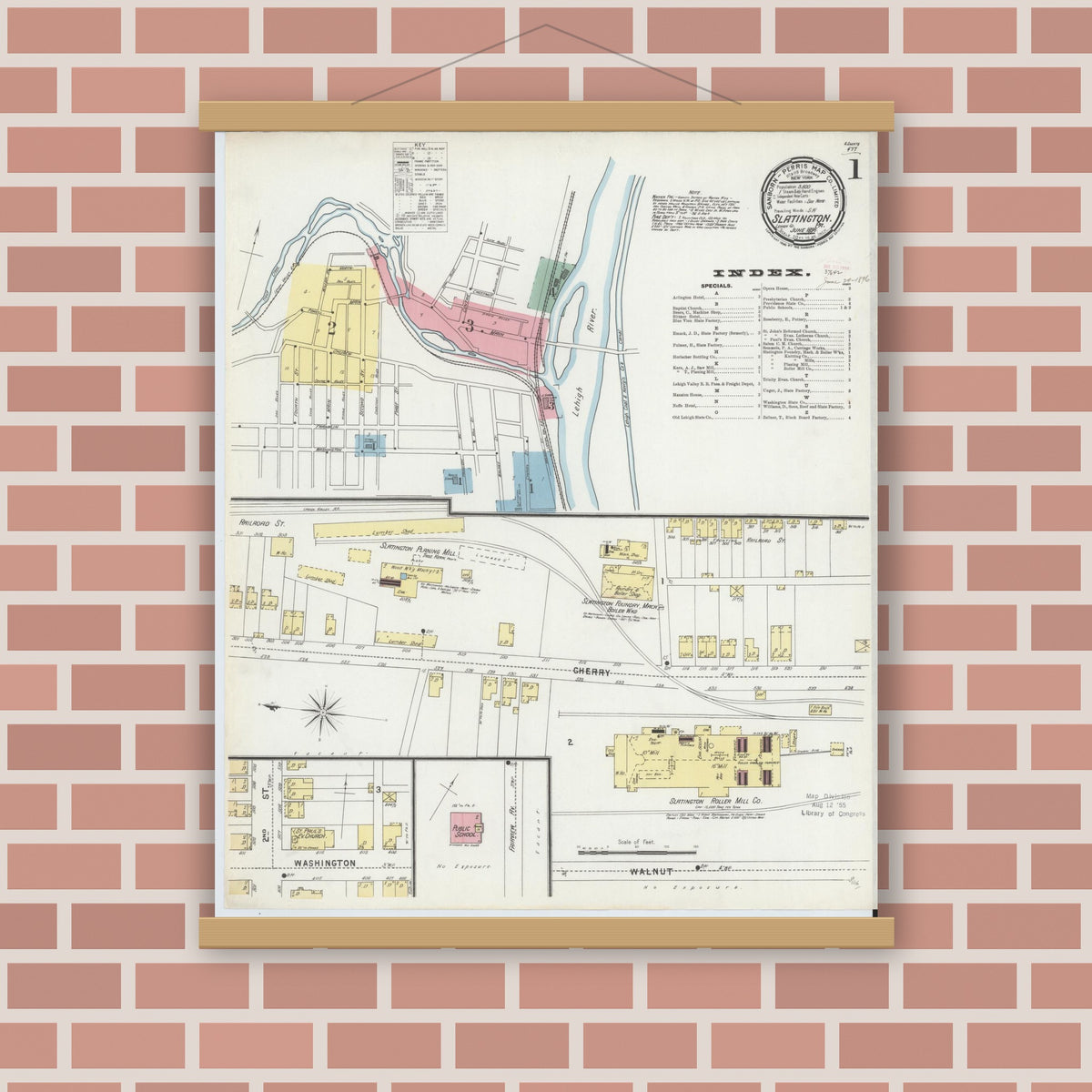 Old map wall art mockup — magnetic wood frame on brick wall — Sanborn Fire Insurance Map from Slatington, Lehigh County, Pennsylvania (1896), Sheet #0001