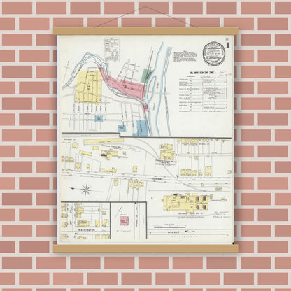 Old map wall art mockup — magnetic wood frame on brick wall — Sanborn Fire Insurance Map from Slatington, Lehigh County, Pennsylvania (1896), Sheet #0001