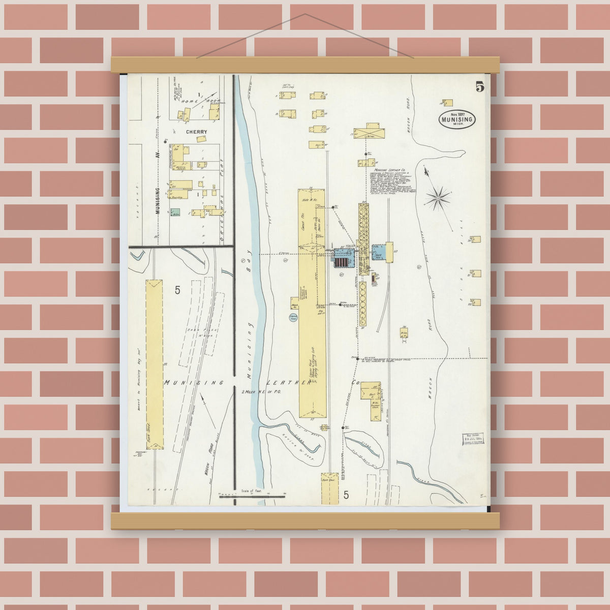 Old map wall art mockup — magnetic wood frame on brick wall — Sanborn Fire Insurance Map from Munising, Alger County, Michigan (1897), Sheet #0005