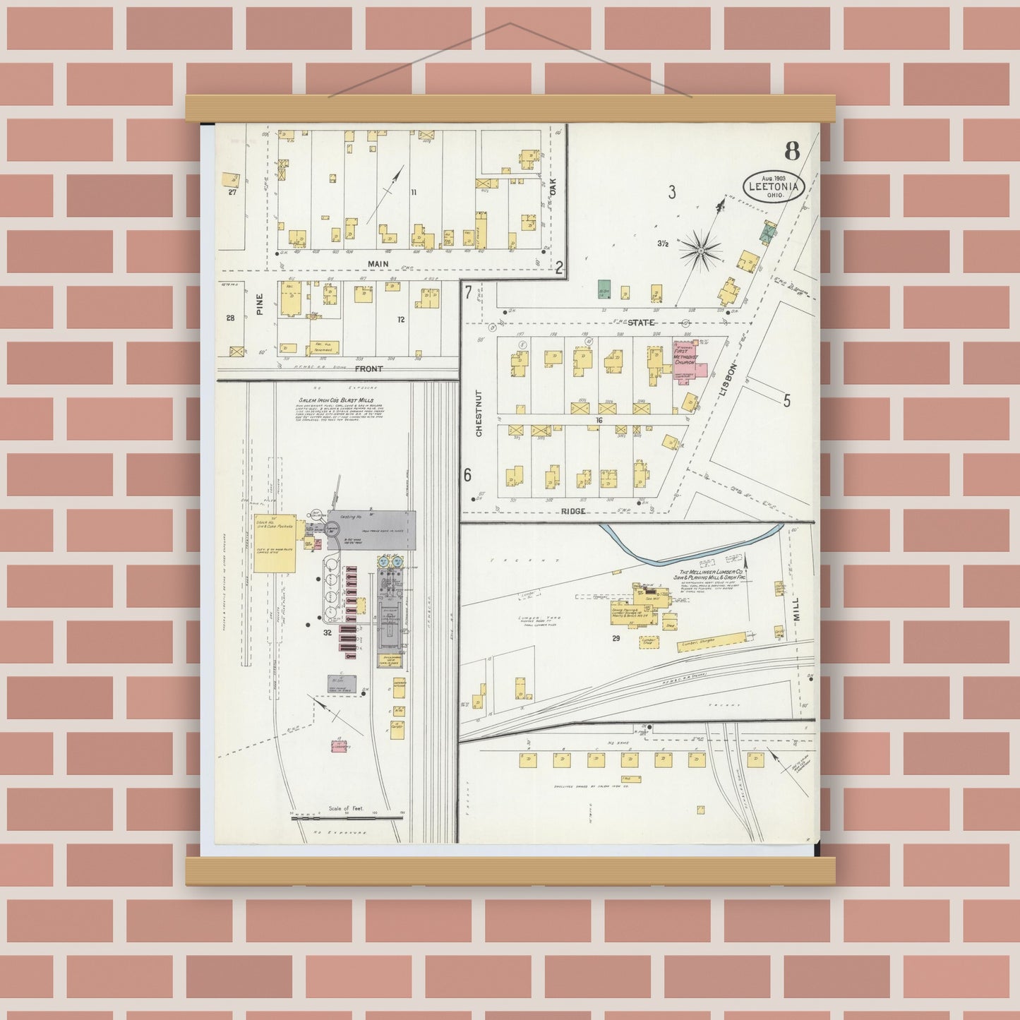 Old map wall art mockup — magnetic wood frame on brick wall — Sanborn Fire Insurance Map from Leetonia, Columbiana County, Ohio (1903), Sheet #0008