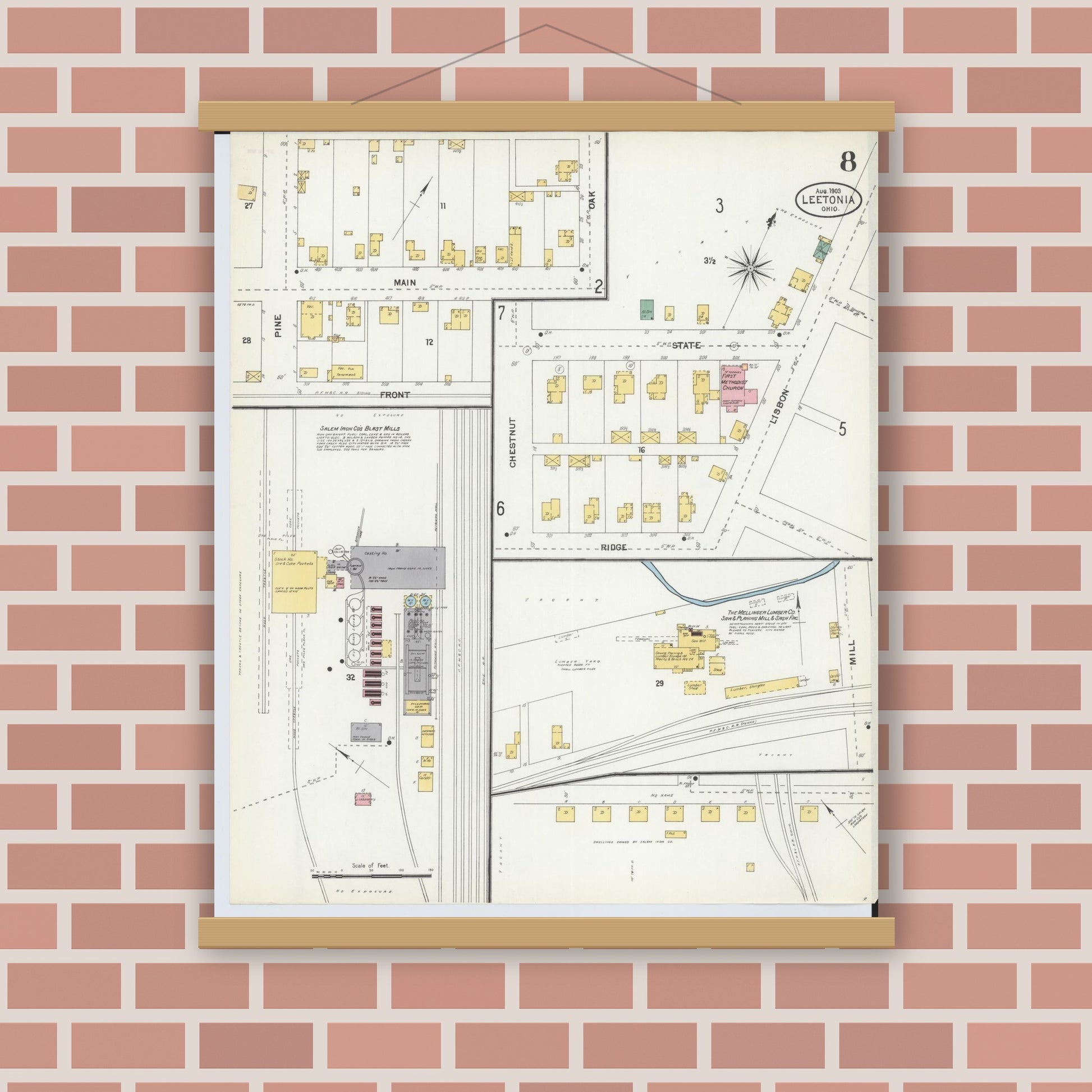 Old map wall art mockup — magnetic wood frame on brick wall — Sanborn Fire Insurance Map from Leetonia, Columbiana County, Ohio (1903), Sheet #0008