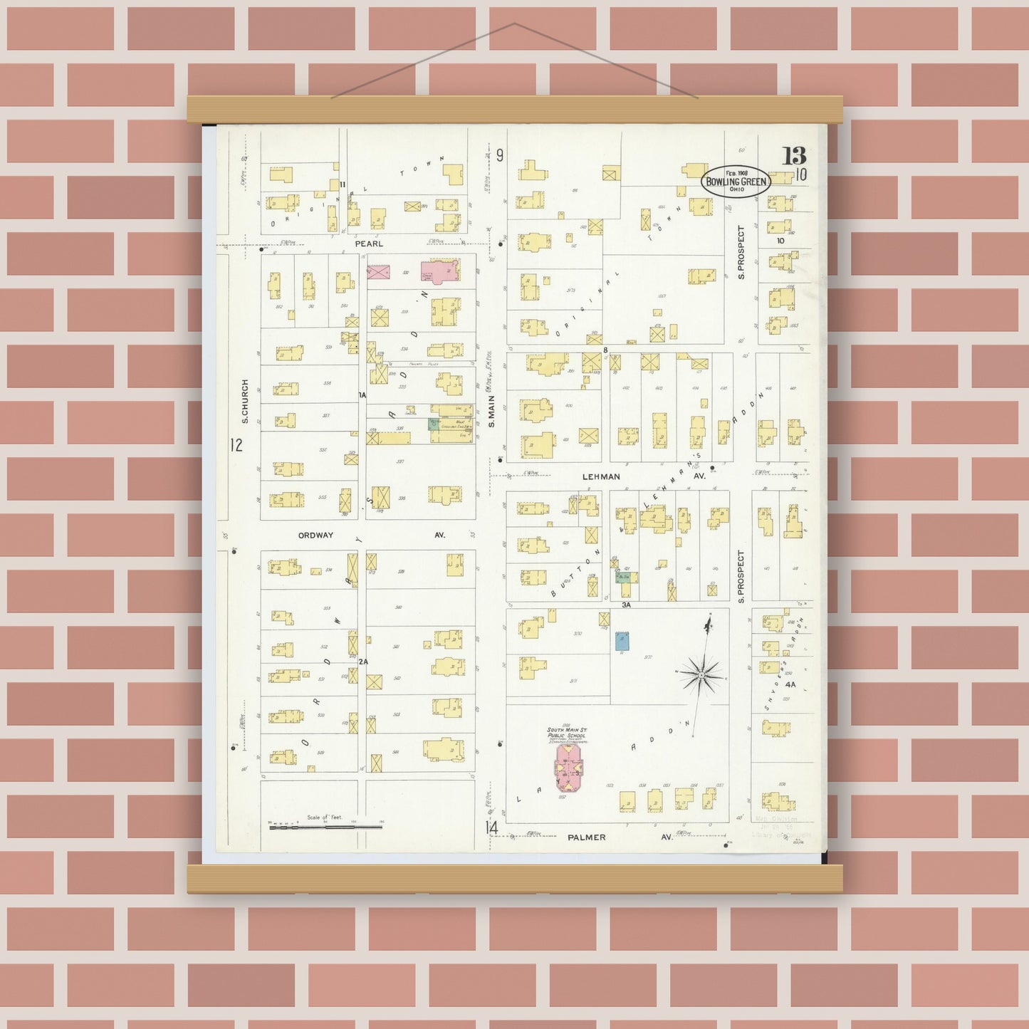 Old map wall art mockup — magnetic wood frame on brick wall — Sanborn Fire Insurance Map from Bowling Green, Wood County, Ohio (1908), Sheet #0013
