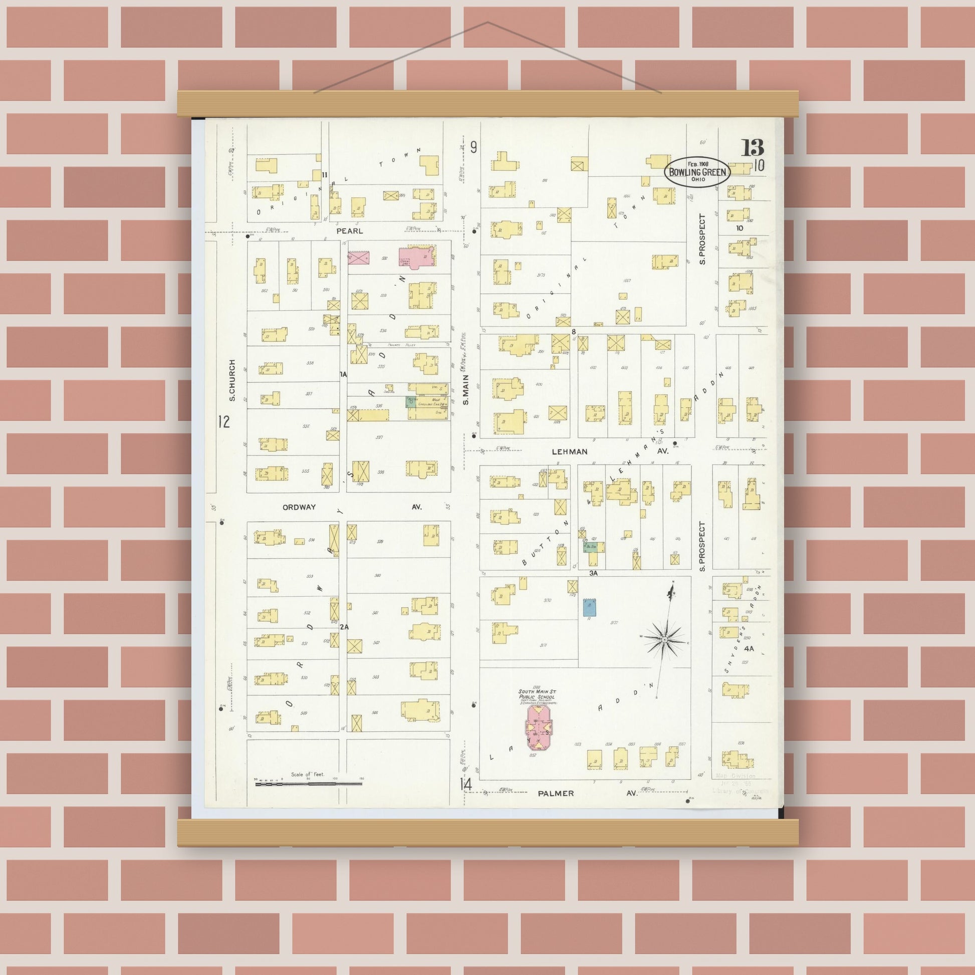Old map wall art mockup — magnetic wood frame on brick wall — Sanborn Fire Insurance Map from Bowling Green, Wood County, Ohio (1908), Sheet #0013