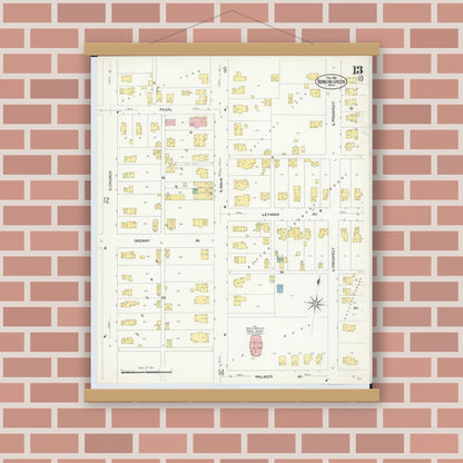Old map wall art mockup — magnetic wood frame on brick wall — Sanborn Fire Insurance Map from Bowling Green, Wood County, Ohio (1908), Sheet #0013