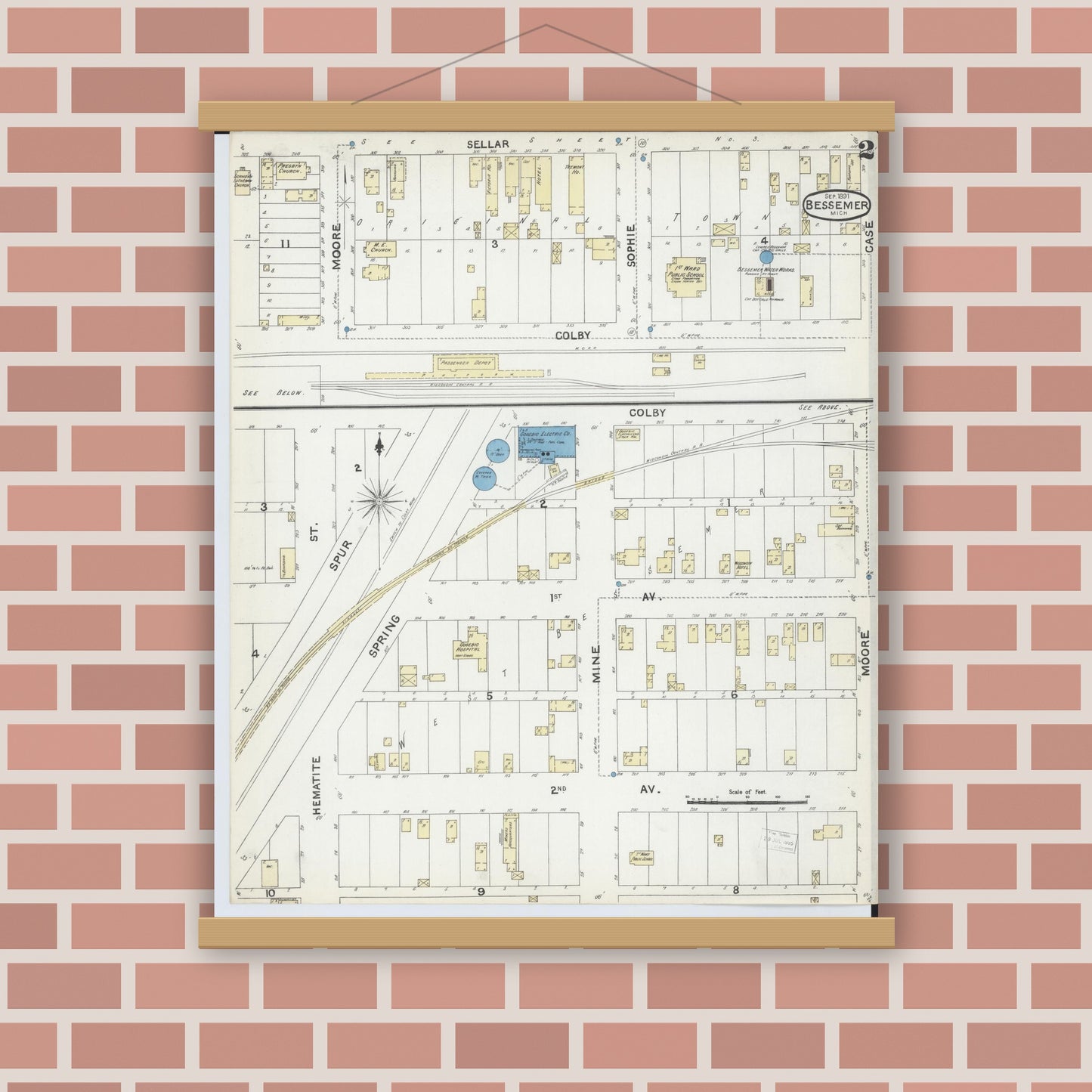 Old map wall art mockup — magnetic wood frame on brick wall — Sanborn Fire Insurance Map from Bessemer, Gogebic County, Michigan (1891), Sheet #0002