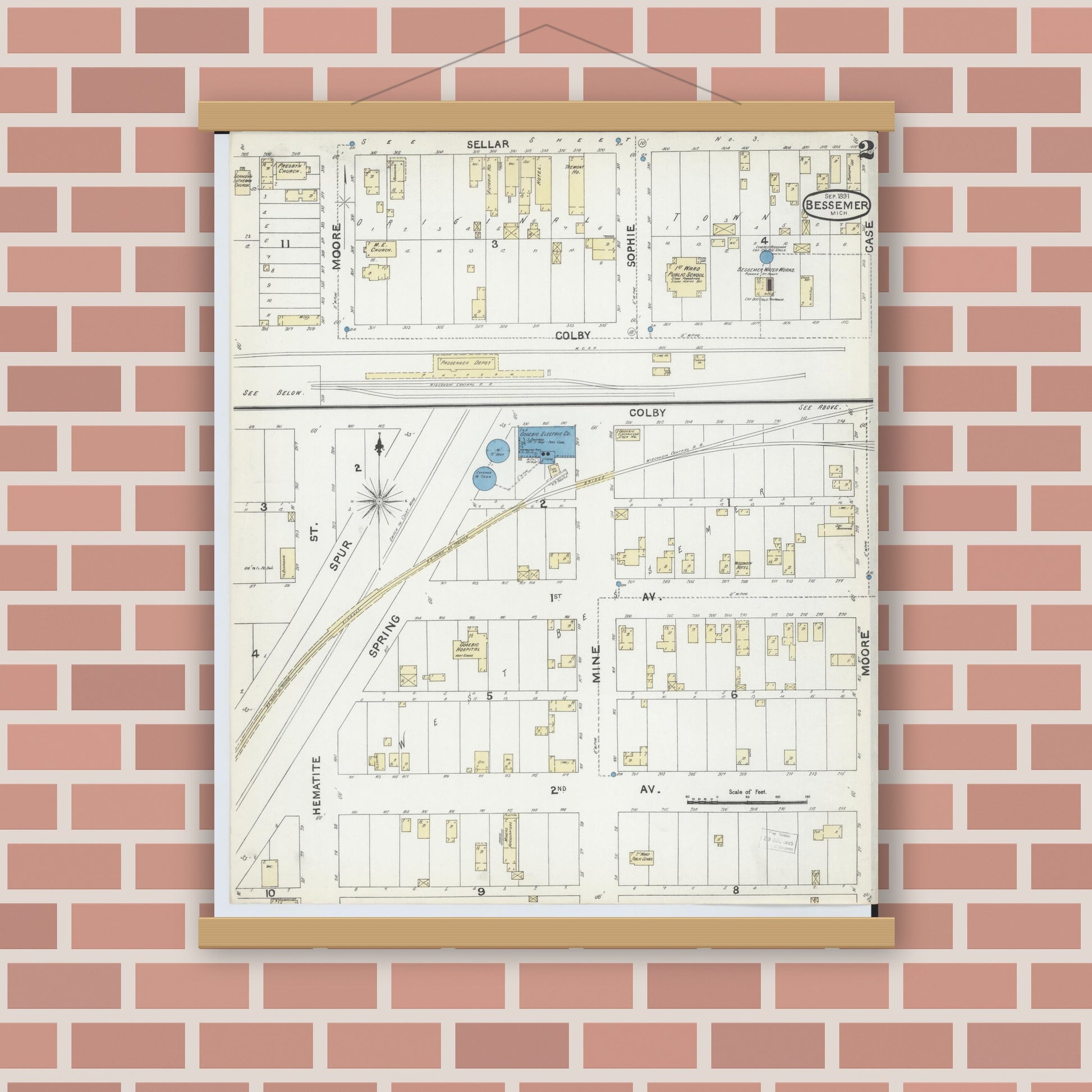 Old map wall art mockup — magnetic wood frame on brick wall — Sanborn Fire Insurance Map from Bessemer, Gogebic County, Michigan (1891), Sheet #0002