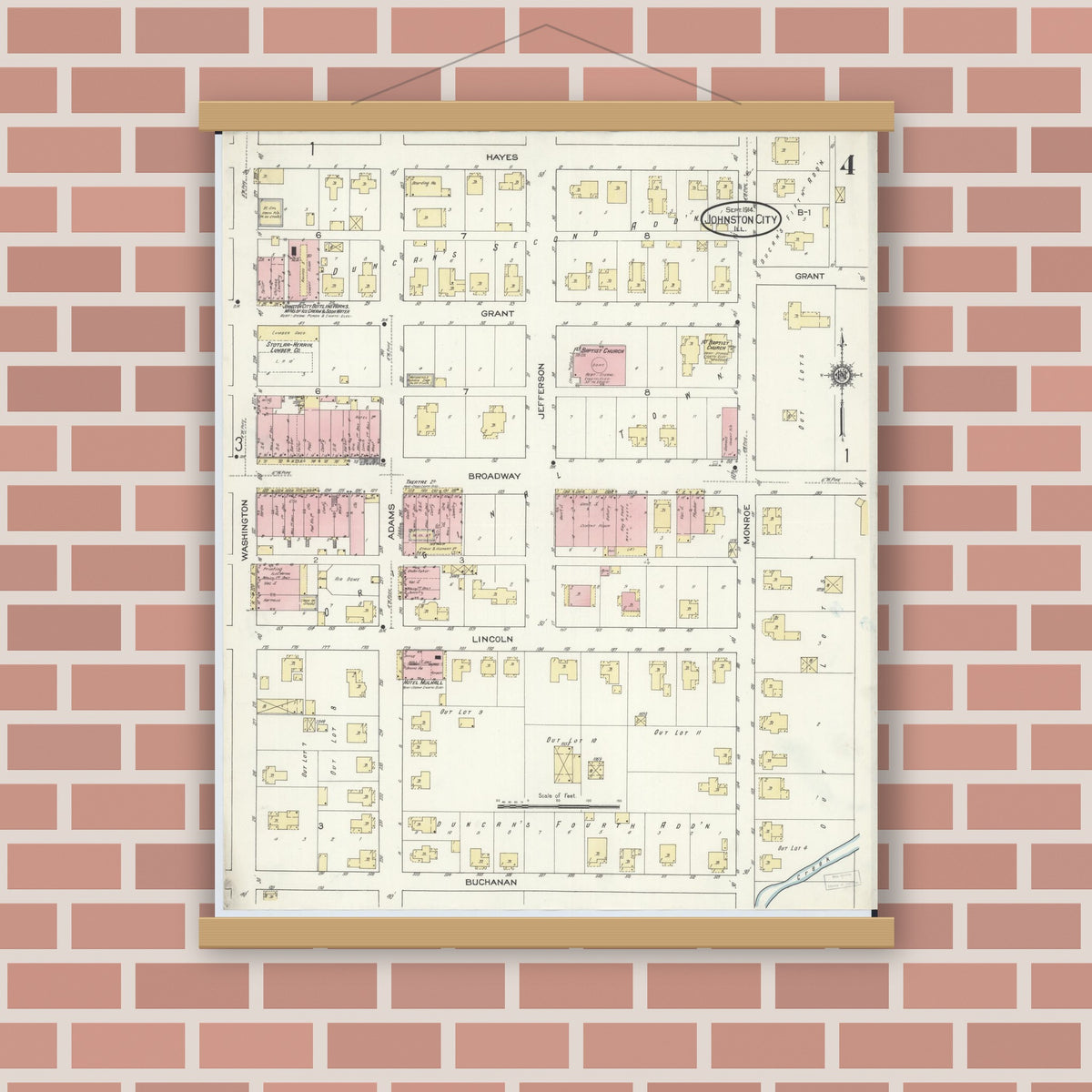 Old map wall art mockup — magnetic wood frame on brick wall — Sanborn Fire Insurance Map from Johnston City, Williamson County, Illinois (1914), Sheet #0004