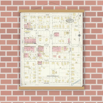 Old map wall art mockup — magnetic wood frame on brick wall — Sanborn Fire Insurance Map from Johnston City, Williamson County, Illinois (1914), Sheet #0004