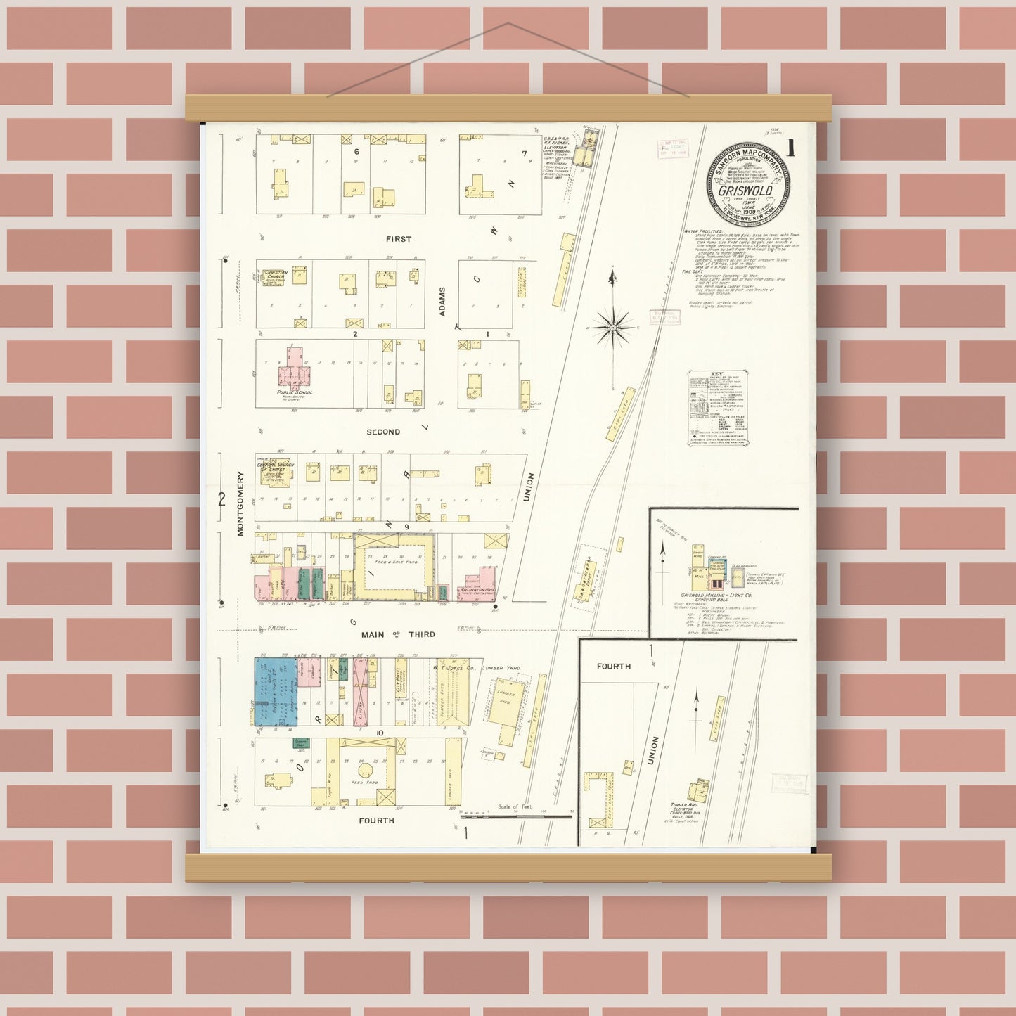 Old map wall art mockup — magnetic wood frame on brick wall — Sanborn Fire Insurance Map from Griswold, Cass County, Iowa (1909) â€” Complete Set