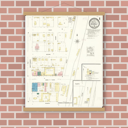 Old map wall art mockup — magnetic wood frame on brick wall — Sanborn Fire Insurance Map from Griswold, Cass County, Iowa (1909) â€” Complete Set