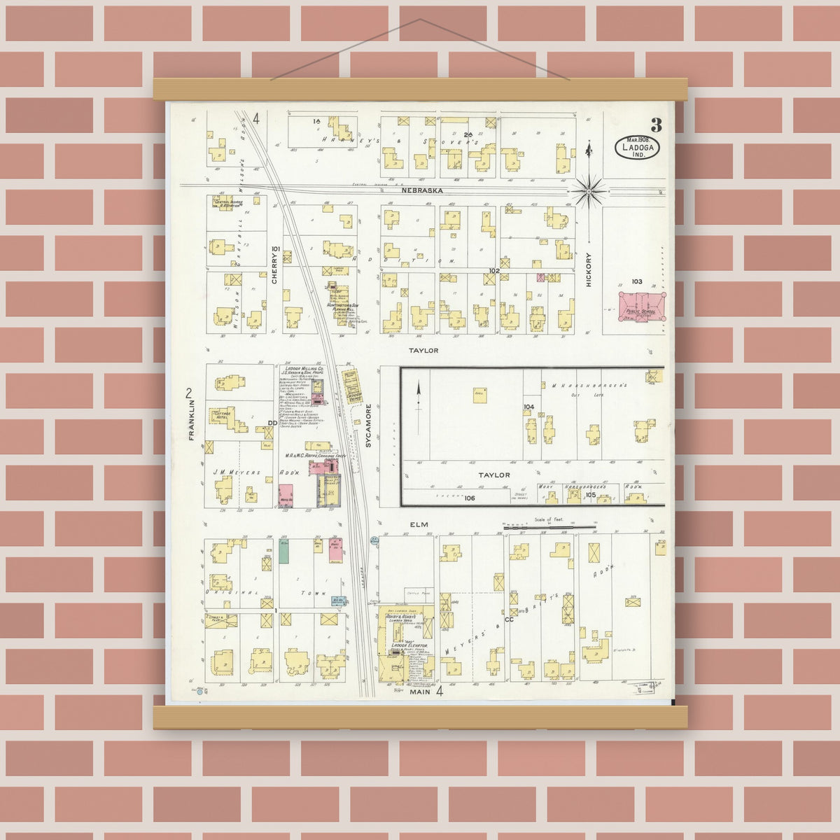 Old map wall art mockup — magnetic wood frame on brick wall — Sanborn Fire Insurance Map from Ladoga, Montgomery County, Indiana (1908), Sheet #0003