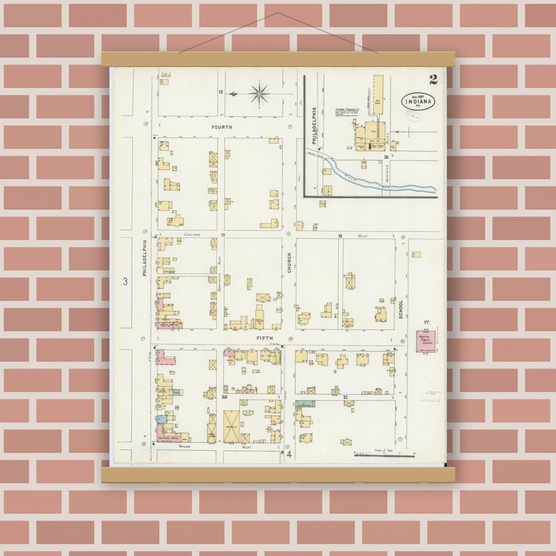 Old map wall art mockup — magnetic wood frame on brick wall — Sanborn Fire Insurance Map from Indiana, Indiana County, Pennsylvania (1888), Sheet #0002