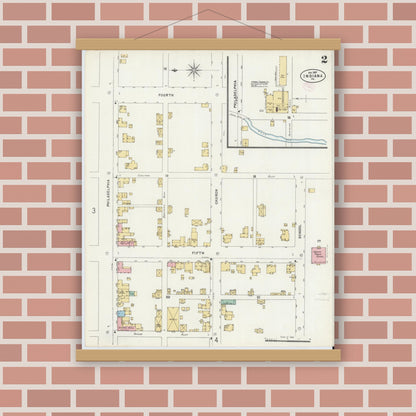 Old map wall art mockup — magnetic wood frame on brick wall — Sanborn Fire Insurance Map from Indiana, Indiana County, Pennsylvania (1888), Sheet #0002