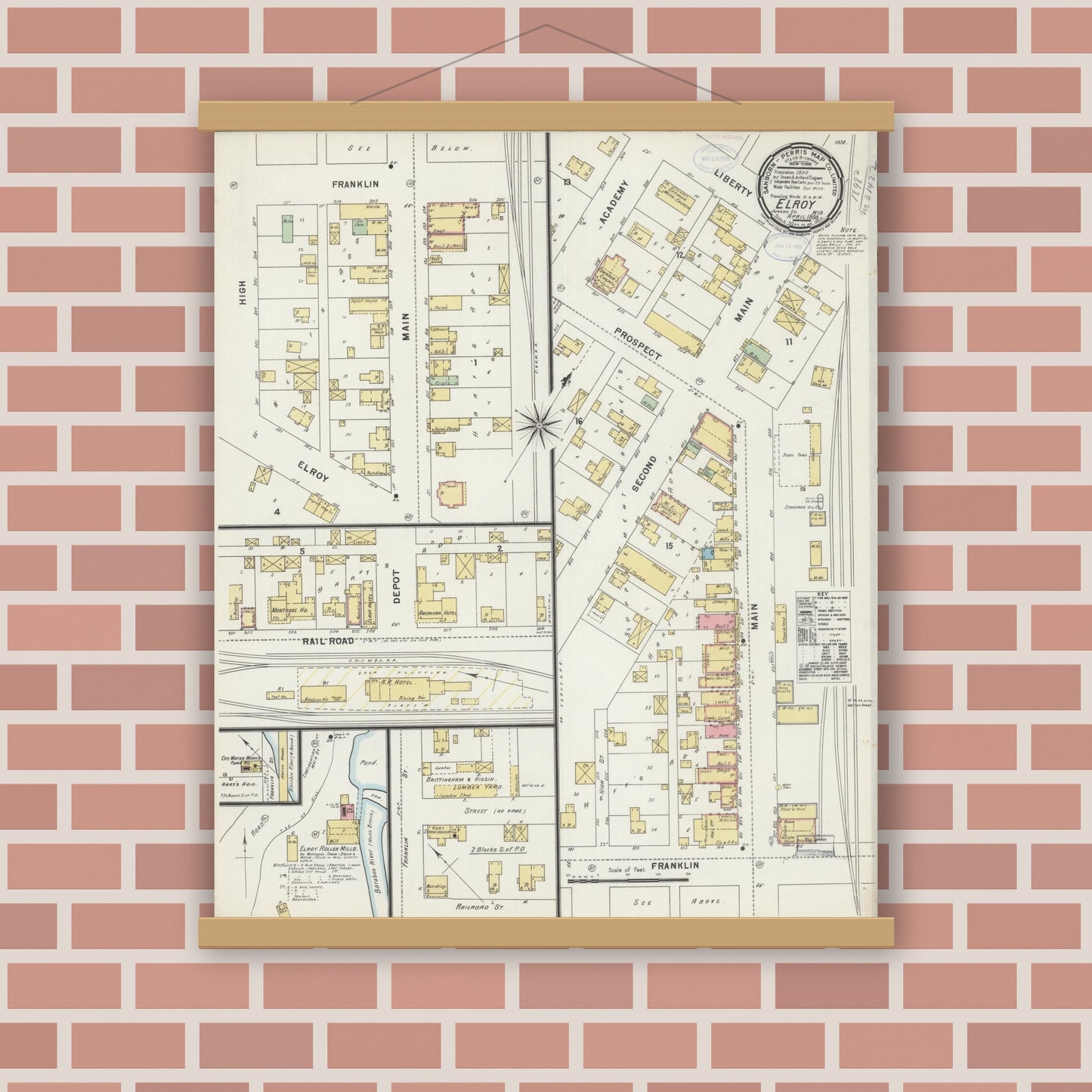 Old map wall art mockup — magnetic wood frame on brick wall — Sanborn Fire Insurance Map from Elroy, Juneau County, Wisconsin (1898), Sheet #0001