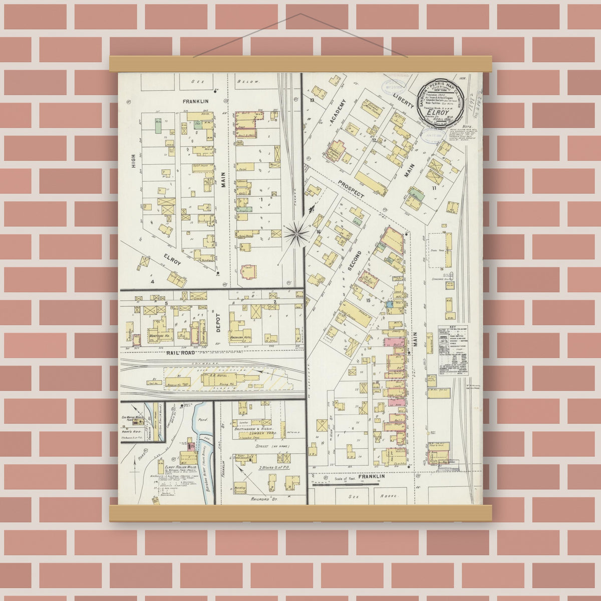 Old map wall art mockup — magnetic wood frame on brick wall — Sanborn Fire Insurance Map from Elroy, Juneau County, Wisconsin (1898), Sheet #0001