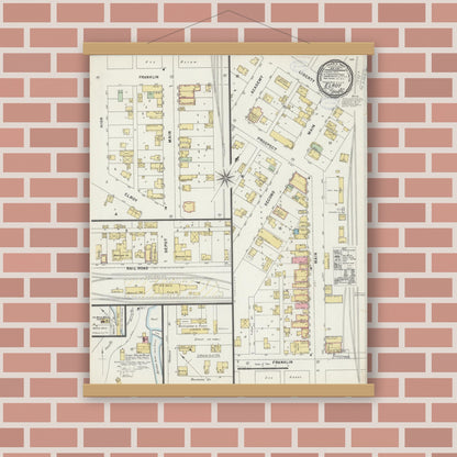 Old map wall art mockup — magnetic wood frame on brick wall — Sanborn Fire Insurance Map from Elroy, Juneau County, Wisconsin (1898), Sheet #0001