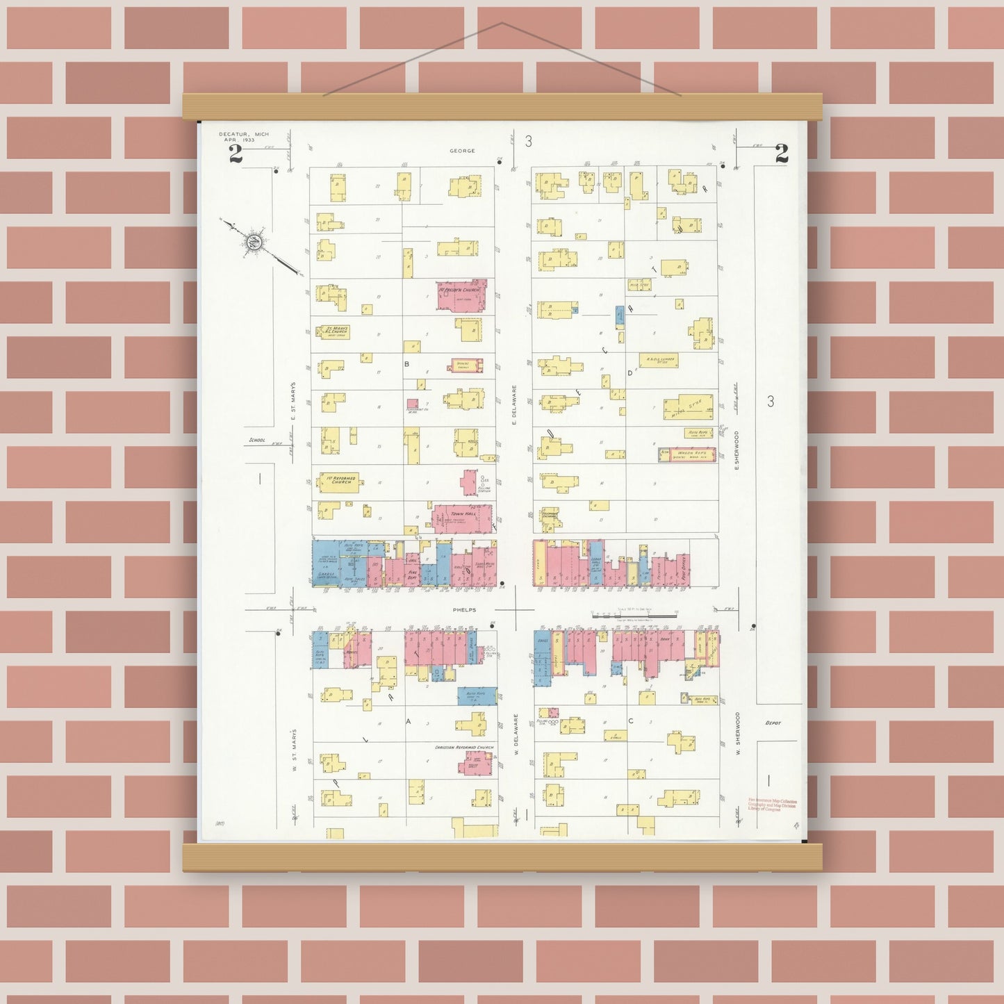 Old map wall art mockup — magnetic wood frame on brick wall — Sanborn Fire Insurance Map from Decatur, Van Buren County, Michigan (1933), Sheet #0002