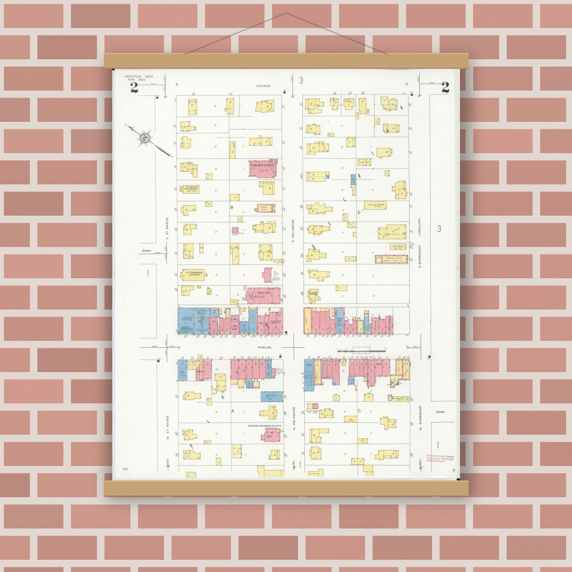 Old map wall art mockup — magnetic wood frame on brick wall — Sanborn Fire Insurance Map from Decatur, Van Buren County, Michigan (1933), Sheet #0002