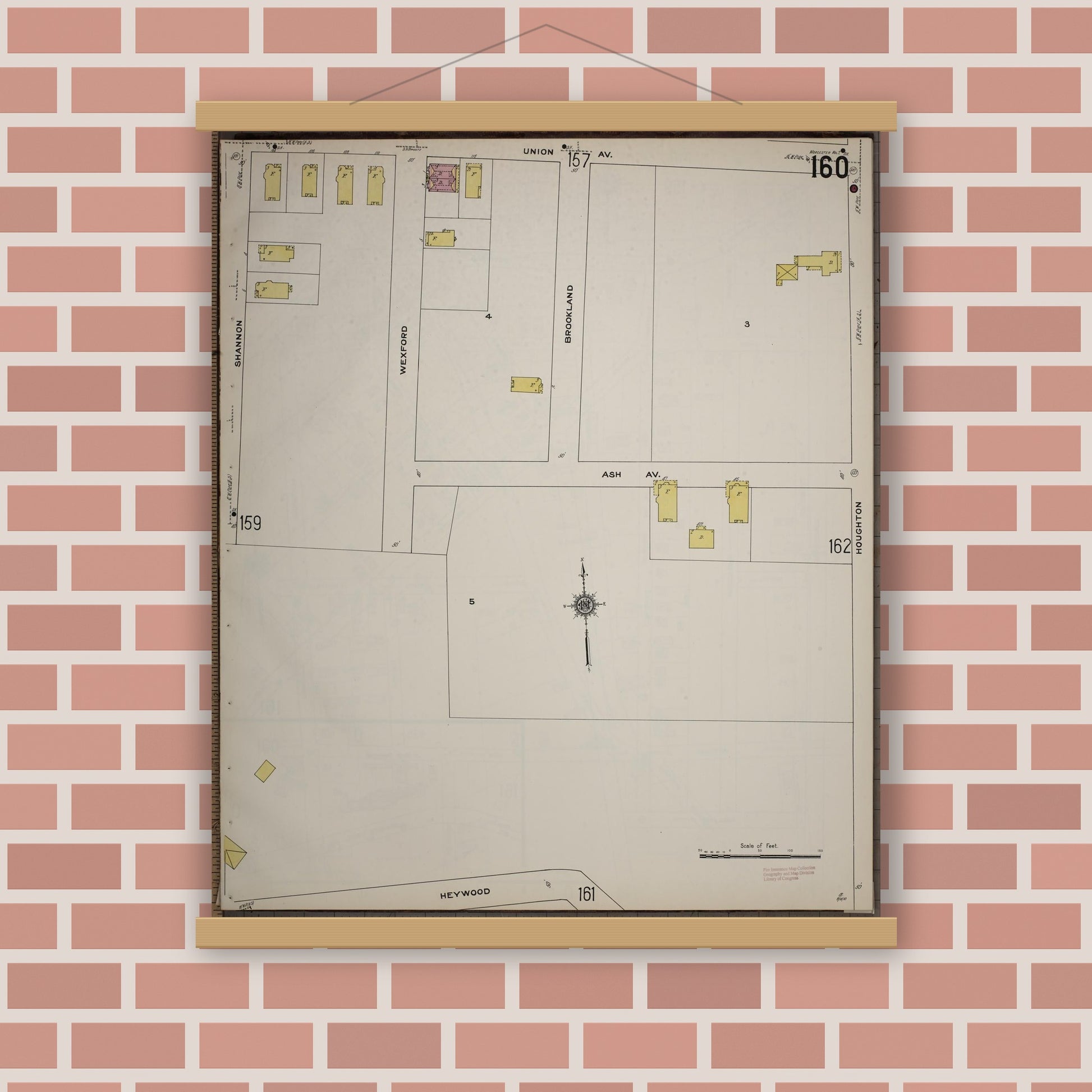 Old map wall art mockup — magnetic wood frame on brick wall — Sanborn Fire Insurance Map from Worcester, Worcester County, Massachusetts (1910), Sheet #0160