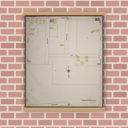 Old map wall art mockup — magnetic wood frame on brick wall — Sanborn Fire Insurance Map from Worcester, Worcester County, Massachusetts (1910), Sheet #0160