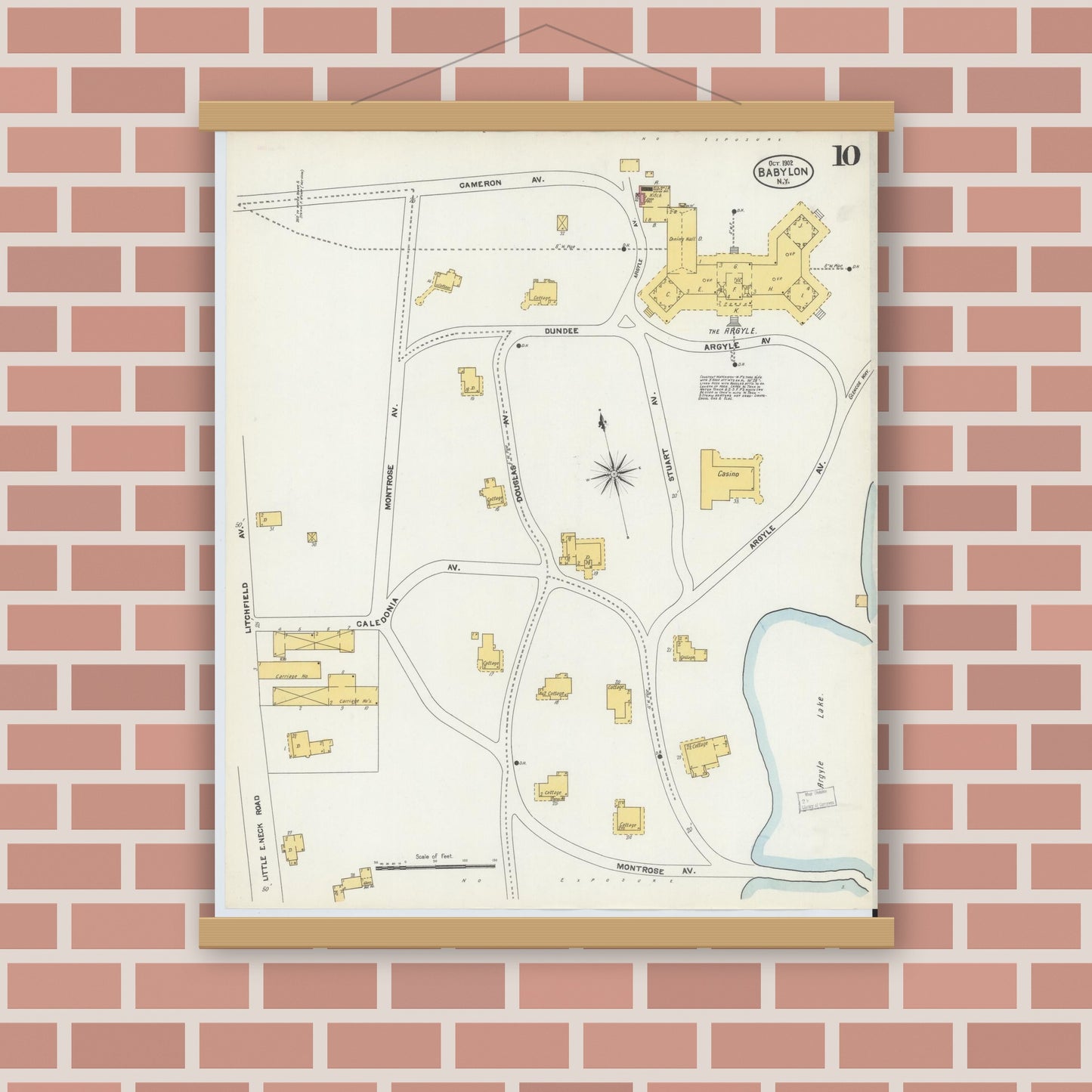 Old map wall art mockup — magnetic wood frame on brick wall — Sanborn Fire Insurance Map from Babylon, Suffolk County, New York (1902), Sheet #0010