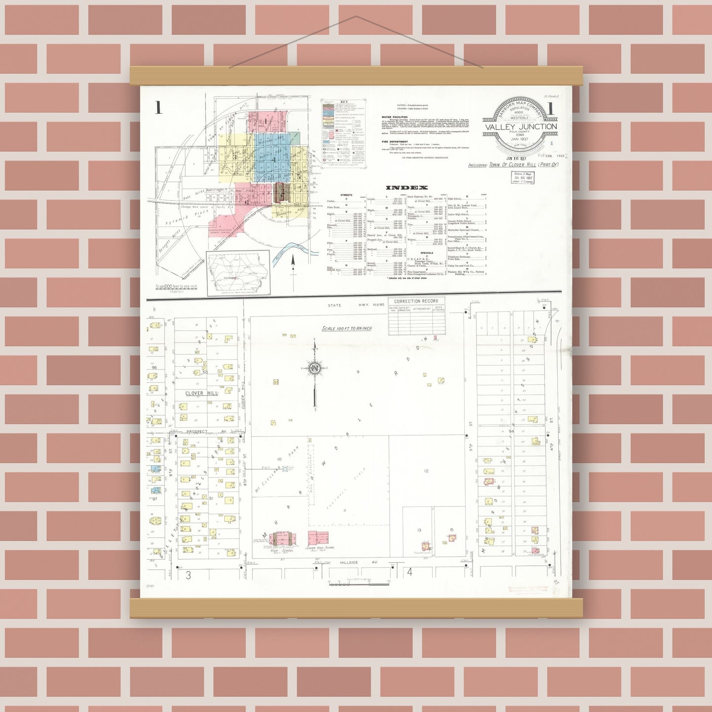 Old map wall art mockup — magnetic wood frame on brick wall — Sanborn Fire Insurance Map from Valley Junction, Polk County, Iowa (1937) â€” Complete Set