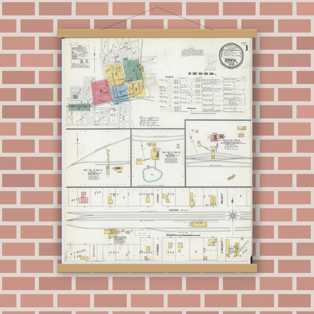 Old map wall art mockup — magnetic wood frame on brick wall — Sanborn Fire Insurance Map from Sparta, Randolph County, Illinois (1900), Sheet #0001