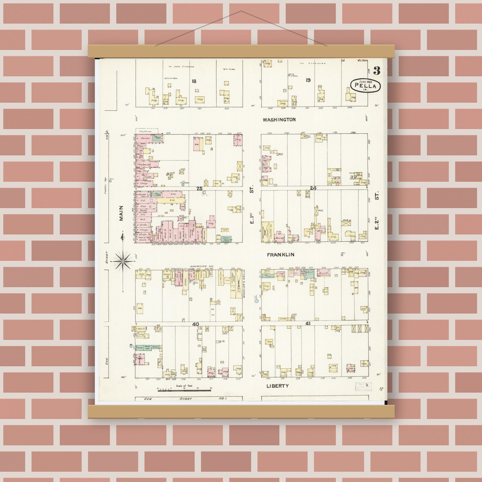 Old map wall art mockup — magnetic wood frame on brick wall — Sanborn Fire Insurance Map from Pella, Marion County, Iowa (1888), Sheet #0003