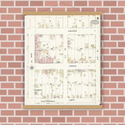 Old map wall art mockup — magnetic wood frame on brick wall — Sanborn Fire Insurance Map from Pella, Marion County, Iowa (1888), Sheet #0003