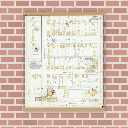 Old map wall art mockup — magnetic wood frame on brick wall — Sanborn Fire Insurance Map from Marietta, Washington County, Ohio (1900), Sheet #0012